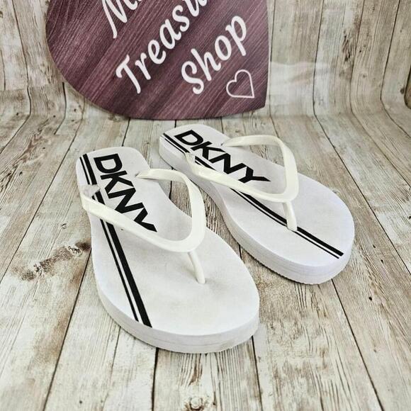 Women's DKNY White and Black Logo Flip Flops Size 7 - Picture 1 of 5